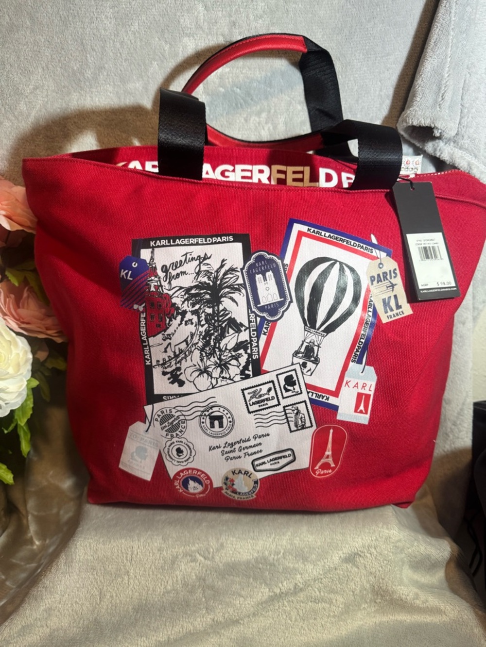 Karl Lagerfeld Paris Red Postcard Travel Canvas Tote Bag